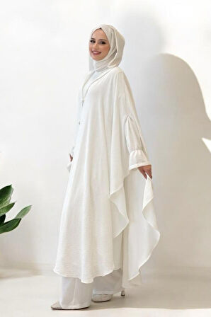 Tunik, Pantolon ve Abaya Üçlü Takım 8663 Ekru