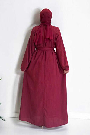 Çıt Çıt Düğmeli Bel Kuşaklı Abaya 70017 Bordo