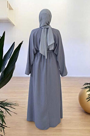 Çıt Çıt Düğmeli Bel Kuşaklı Abaya 70017 Gri