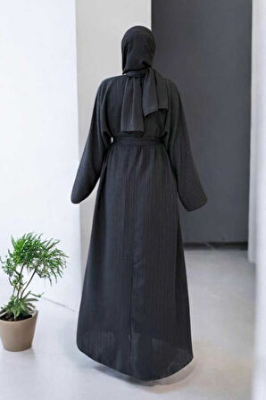 Çıt Çıt Düğmeli Bel Kuşaklı Abaya 70017 Siyah