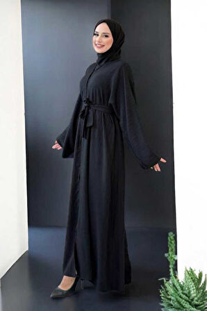 Çıt Çıt Düğmeli Bel Kuşaklı Abaya 70017 Siyah