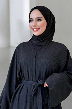 Çıt Çıt Düğmeli Bel Kuşaklı Abaya 70017 Siyah