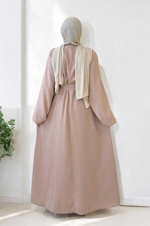 Çıt Çıt Düğmeli Bel Kuşaklı Abaya 70017 Taş