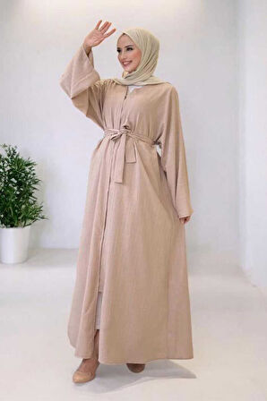 Çıt Çıt Düğmeli Bel Kuşaklı Abaya 70017 Taş