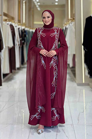 Kolları Pelerinli Taş Detaylı Abiye Elbise 3958 Bordo