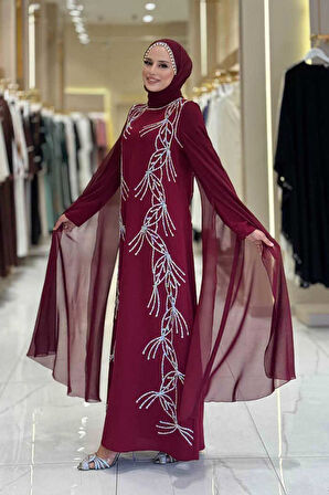 Kolları Pelerinli Taş Detaylı Abiye Elbise 3958 Bordo