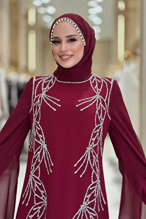 Kolları Pelerinli Taş Detaylı Abiye Elbise 3958 Bordo