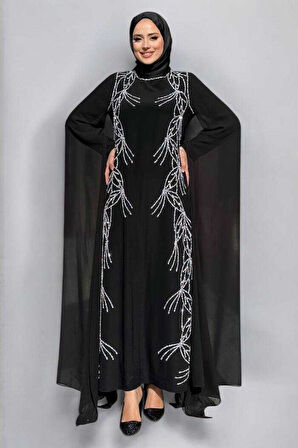 Kolları Pelerinli Taş Detaylı Abiye Elbise 3958 Siyah