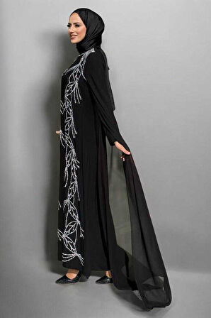 Kolları Pelerinli Taş Detaylı Abiye Elbise 3958 Siyah