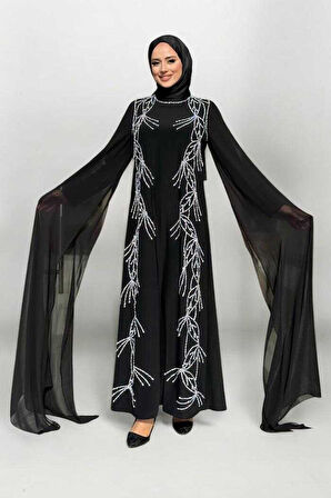 Kolları Pelerinli Taş Detaylı Abiye Elbise 3958 Siyah