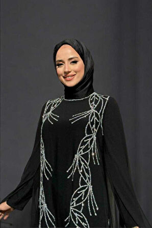 Kolları Pelerinli Taş Detaylı Abiye Elbise 3958 Siyah