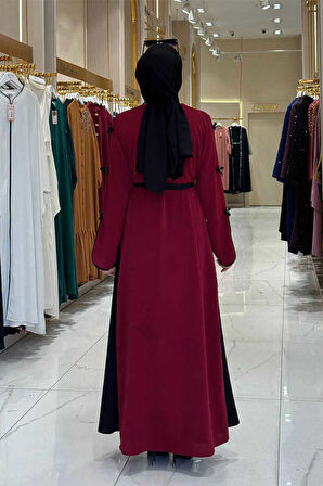 Fiyonk Detaylı Abaya Elbise Takım 3955 Bordo