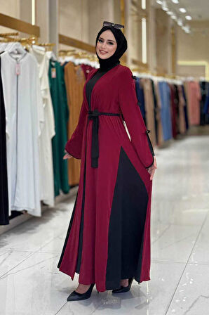 Fiyonk Detaylı Abaya Elbise Takım 3955 Bordo