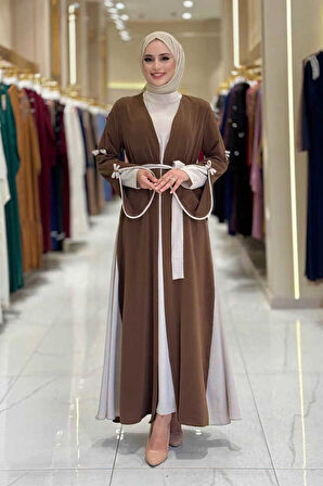 Fiyonk Detaylı Abaya Elbise Takım 3955 Kahverengi