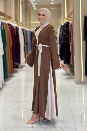 Fiyonk Detaylı Abaya Elbise Takım 3955 Kahverengi
