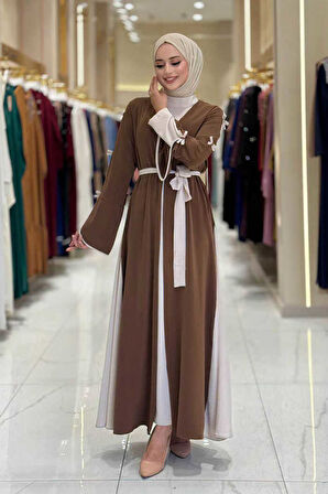 Fiyonk Detaylı Abaya Elbise Takım 3955 Kahverengi