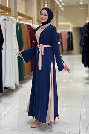 Fiyonk Detaylı Abaya Elbise Takım 3955 Lacivert