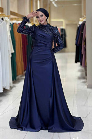 Pul Payet Saten Abiye 7064 Lacivert