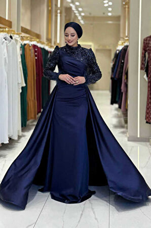 Pul Payet Saten Abiye 7064 Lacivert