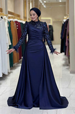 Pul Payet Saten Abiye 7064 Lacivert