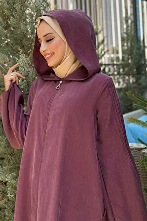 Fermuarlı Kapüşonlu Ferace 70016 Mürdüm