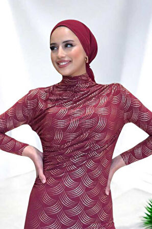 Desenli Büzgü Detaylı Elbise 3956 Bordo
