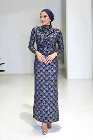 Desenli Büzgü Detaylı Elbise 3956 Lacivert