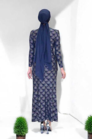 Desenli Büzgü Detaylı Elbise 3956 Lacivert