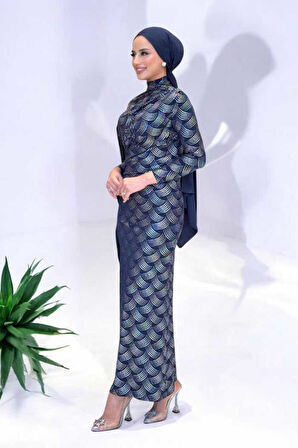 Desenli Büzgü Detaylı Elbise 3956 Lacivert