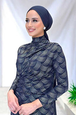 Desenli Büzgü Detaylı Elbise 3956 Lacivert