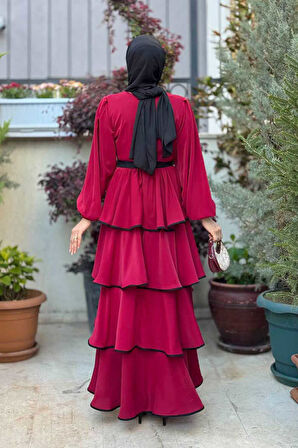 Bel Kuşaklı Kat Detay Elbise 6029 Bordo