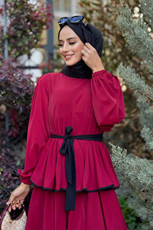 Bel Kuşaklı Kat Detay Elbise 6029 Bordo