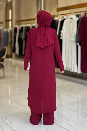 Düğmeli Cepli Tunik ve Pantolon İkili Takım 8682 Bordo