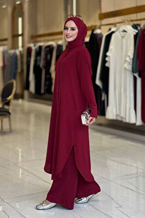 Düğmeli Cepli Tunik ve Pantolon İkili Takım 8682 Bordo