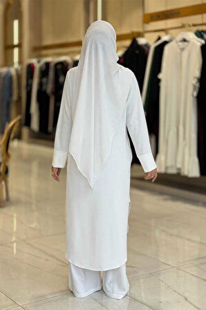 Düğmeli Cepli Tunik ve Pantolon İkili Takım 8682 Ekru