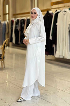 Düğmeli Cepli Tunik ve Pantolon İkili Takım 8682 Ekru