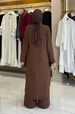 Düğmeli Cepli Tunik ve Pantolon İkili Takım 8682 Kahverengi