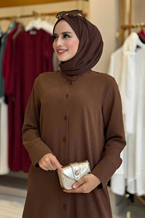 Düğmeli Cepli Tunik ve Pantolon İkili Takım 8682 Kahverengi