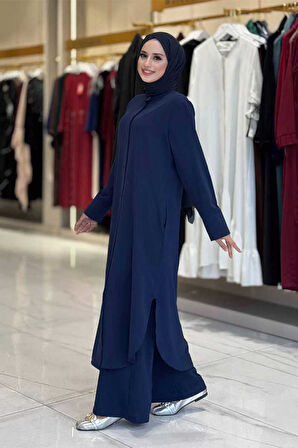 Düğmeli Cepli Tunik ve Pantolon İkili Takım 8682 Lacivert