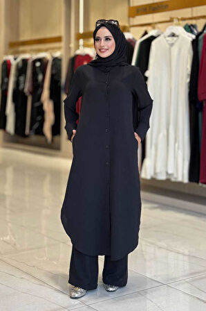 Düğmeli Cepli Tunik ve Pantolon İkili Takım 8682 Siyah