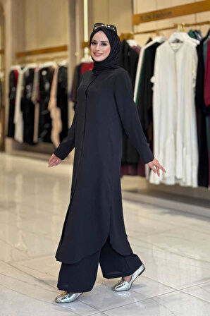 Düğmeli Cepli Tunik ve Pantolon İkili Takım 8682 Siyah