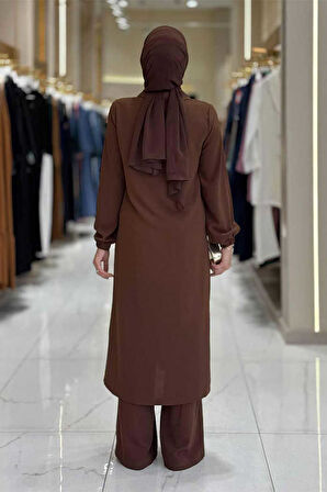 Çıt Çıt Düğme Detaylı Tunik Pantolon İkili Takım 8681 Kahverengi