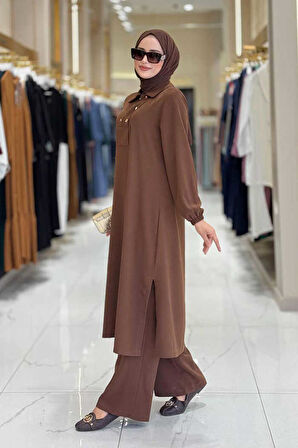 Çıt Çıt Düğme Detaylı Tunik Pantolon İkili Takım 8681 Kahverengi