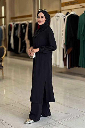Çıt Çıt Düğme Detaylı Tunik Pantolon İkili Takım 8681 Siyah