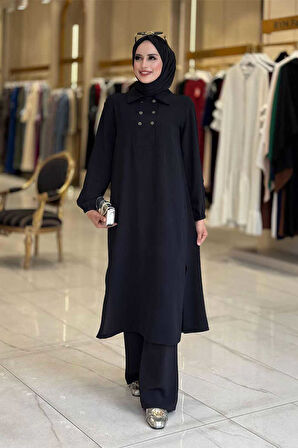 Çıt Çıt Düğme Detaylı Tunik Pantolon İkili Takım 8681 Siyah