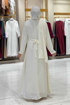 Pilise Detay Elbise Şal İkili Takım 6039 Ekru