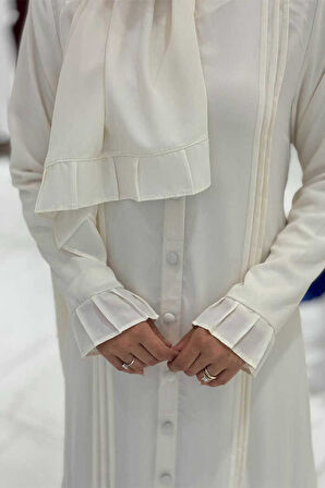 Pilise Detay Elbise Şal İkili Takım 6039 Ekru