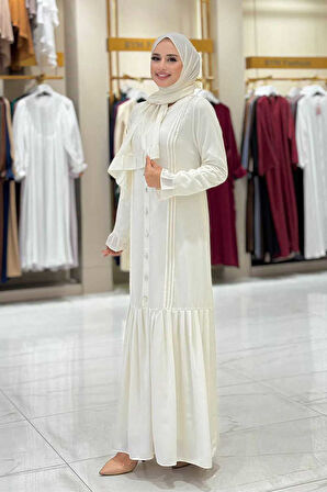 Pilise Detay Elbise Şal İkili Takım 6039 Ekru