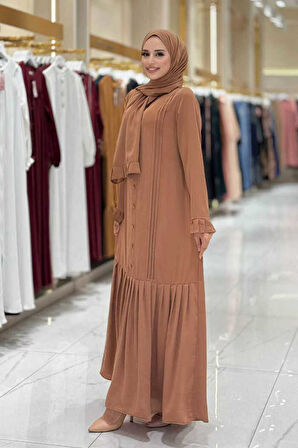 Pilise Detay Elbise Şal İkili Takım 6039 Taba