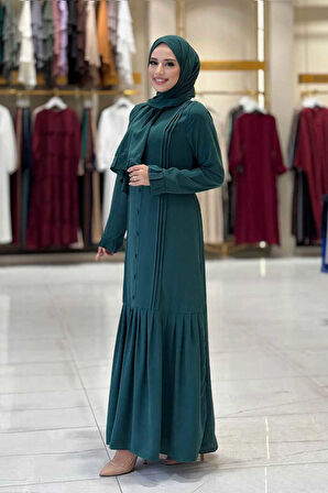 Pilise Detay Elbise Şal İkili Takım 6039 Zümrüt